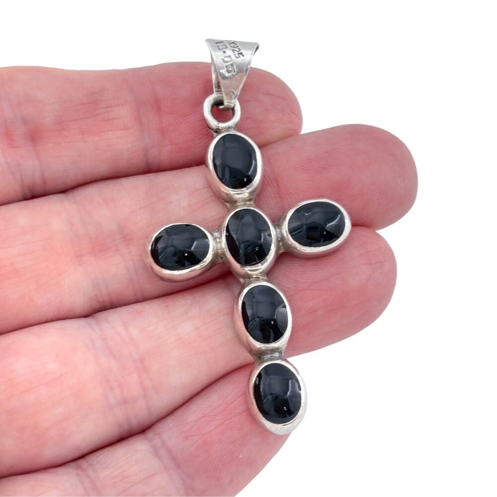 Vintage Mexico Taxco Sterling Silver 925 Onyx Cross Pendant